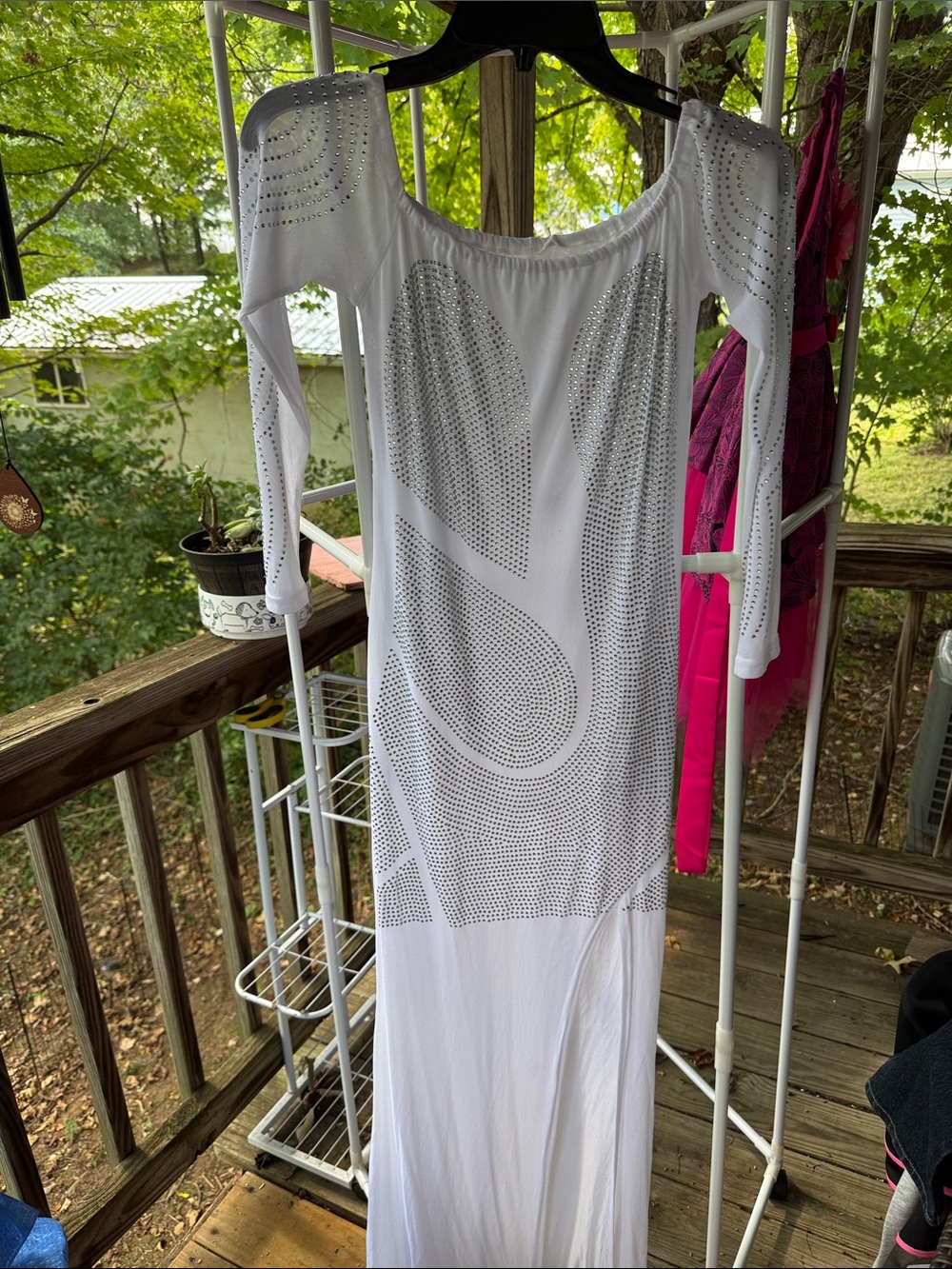 New Women’s Large White Studded Long Sleeve Maxi Dress off shoulder